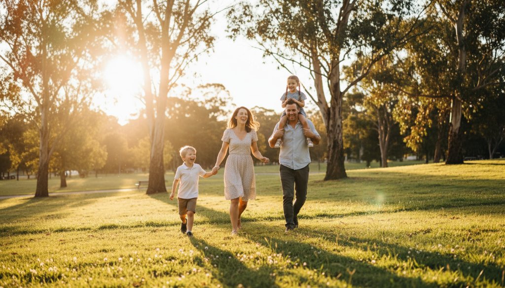 An unforgettable family photography Heatherdale authentic moments shot of a family of four, two parents and two children, laughing joyfully as they run through golden hour sunlight in a beautiful Heatherdale park, capturing pure, candid happiness.
