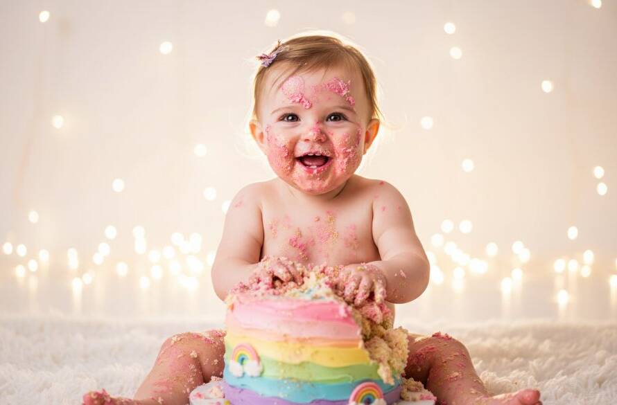 An unforgettable first birthday cake smash Cranbourne North moment: A joyful baby, covered in vibrant cake, laughing amidst a whimsical, pastel-themed setup with dramatic rim lighting, capturing pure, messy bliss.