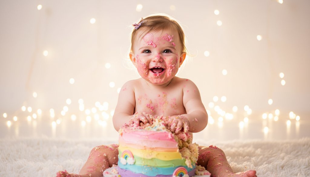 An unforgettable first birthday cake smash Cranbourne North moment: A joyful baby, covered in vibrant cake, laughing amidst a whimsical, pastel-themed setup with dramatic rim lighting, capturing pure, messy bliss.
