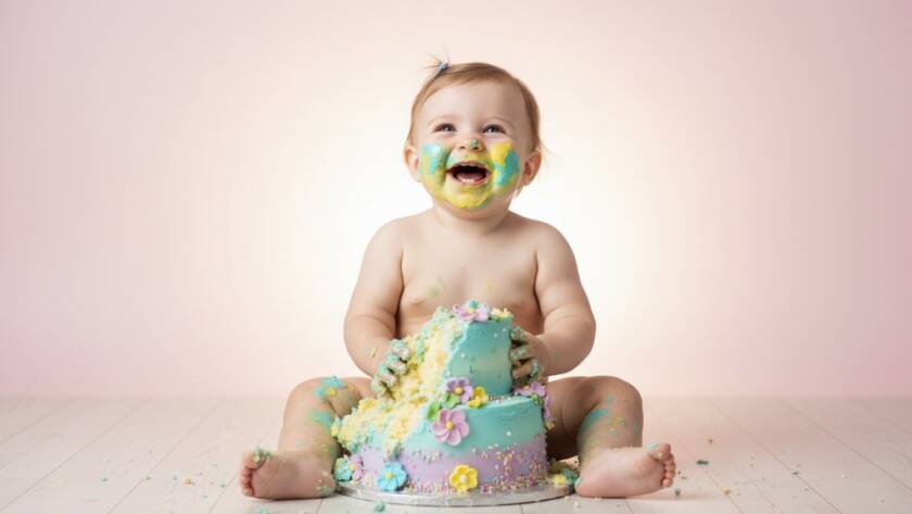 An adorable baby, covered in cake, laughing joyfully during an unforgettable first birthday cake smash Pakenham photography session, surrounded by soft pastels and glowing backlighting, capturing a truly epic moment.
