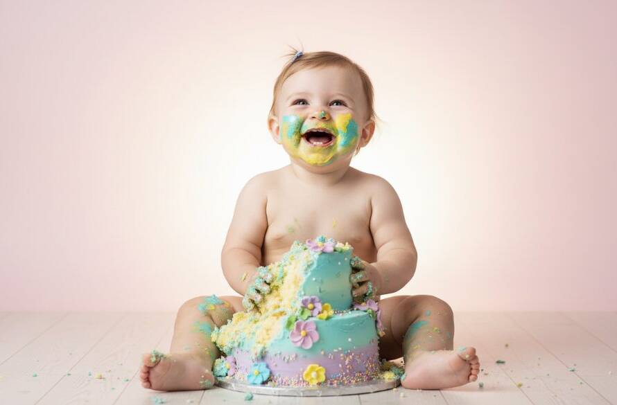 An adorable baby, covered in cake, laughing joyfully during an unforgettable first birthday cake smash Pakenham photography session, surrounded by soft pastels and glowing backlighting, capturing a truly epic moment.