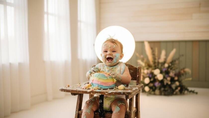 A professional, cinematic photograph capturing an unforgettable first birthday cake smash photography Bangholme Victoria moment, showing a delighted baby covered in cake, joyously smashing a pastel cake in a beautifully decorated studio setting with dramatic backlighting and soft focus.