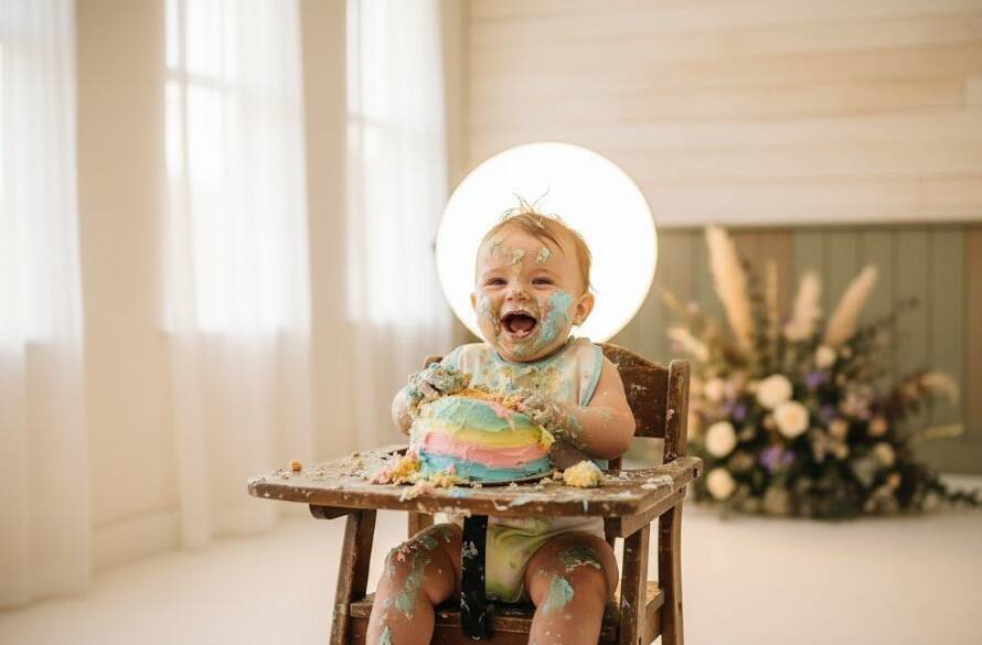 A professional, cinematic photograph capturing an unforgettable first birthday cake smash photography Bangholme Victoria moment, showing a delighted baby covered in cake, joyously smashing a pastel cake in a beautifully decorated studio setting with dramatic backlighting and soft focus.