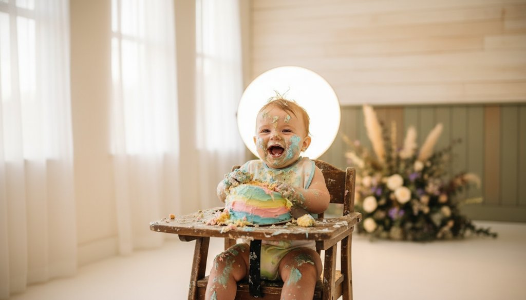 A professional, cinematic photograph capturing an unforgettable first birthday cake smash photography Bangholme Victoria moment, showing a delighted baby covered in cake, joyously smashing a pastel cake in a beautifully decorated studio setting with dramatic backlighting and soft focus.