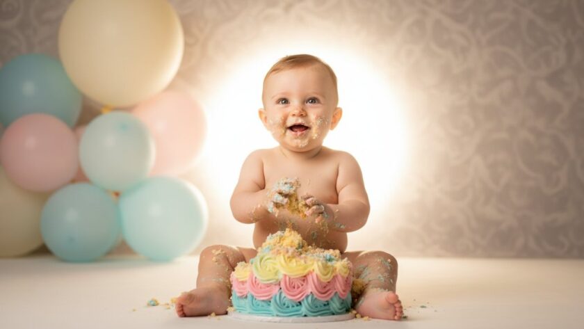 A wide shot capturing an unforgettable first birthday cake smash photography Belmont VIC moment, featuring a gleeful baby covered in frosting, mid-smash, with dramatic backlighting and soft focus on colourful balloons and a custom cake, set against a bright, airy studio backdrop, showcasing pure joy and celebration.