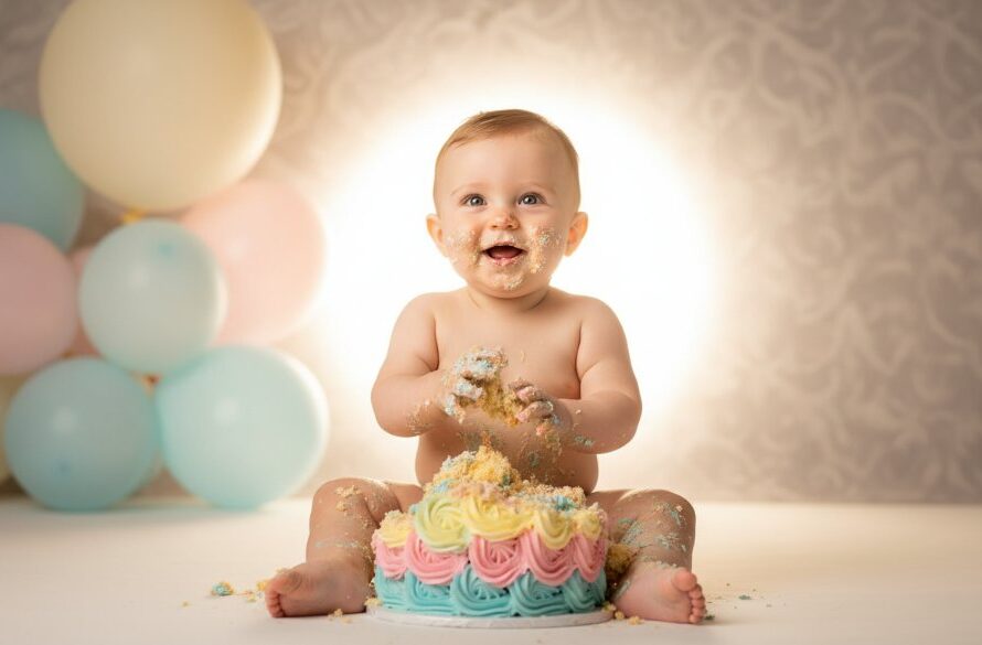 A wide shot capturing an unforgettable first birthday cake smash photography Belmont VIC moment, featuring a gleeful baby covered in frosting, mid-smash, with dramatic backlighting and soft focus on colourful balloons and a custom cake, set against a bright, airy studio backdrop, showcasing pure joy and celebration.