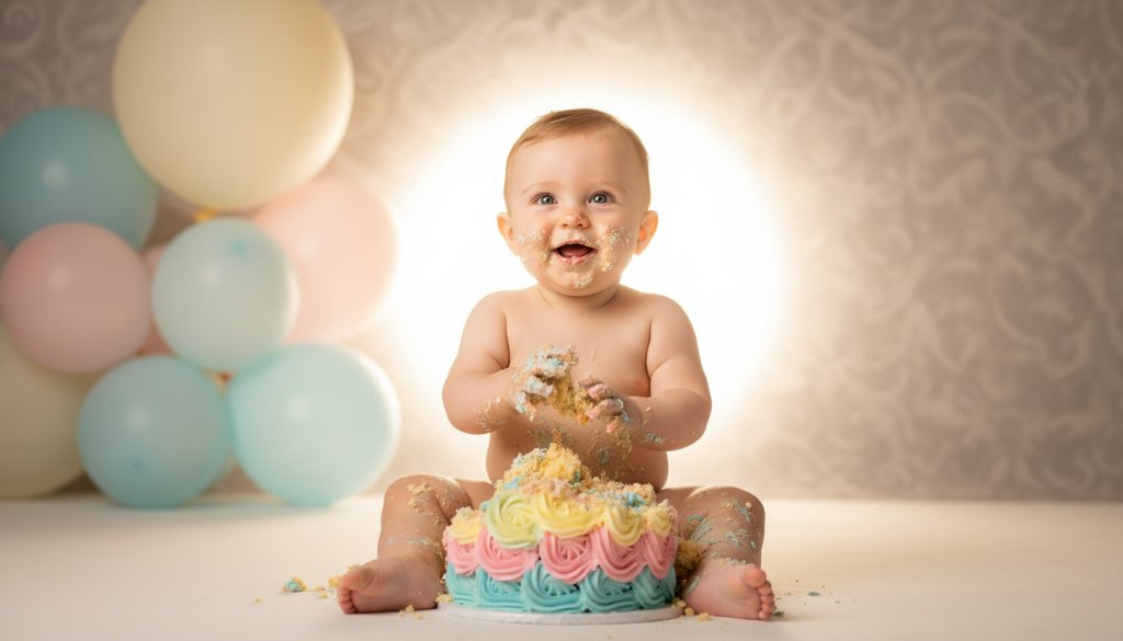 A wide shot capturing an unforgettable first birthday cake smash photography Belmont VIC moment, featuring a gleeful baby covered in frosting, mid-smash, with dramatic backlighting and soft focus on colourful balloons and a custom cake, set against a bright, airy studio backdrop, showcasing pure joy and celebration.