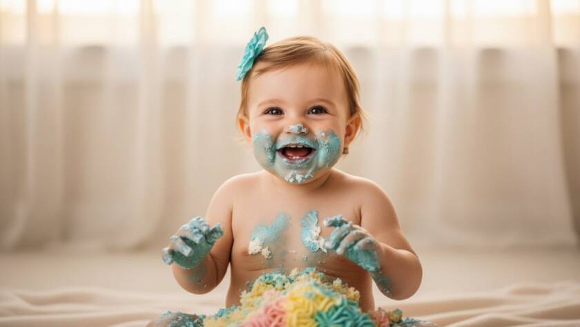 An adorable baby, covered in frosting from an unforgettable first birthday cake smash photography Blackburn North session, laughing joyfully amidst scattered cake, bathed in dramatic, soft golden light against a pastel backdrop, capturing a pure moment of chaotic delight.