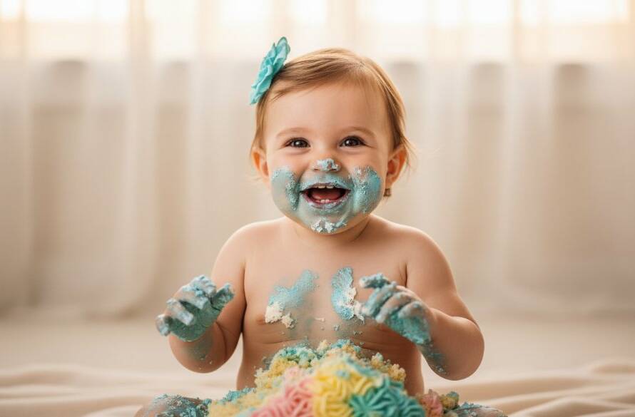 An adorable baby, covered in frosting from an unforgettable first birthday cake smash photography Blackburn North session, laughing joyfully amidst scattered cake, bathed in dramatic, soft golden light against a pastel backdrop, capturing a pure moment of chaotic delight.