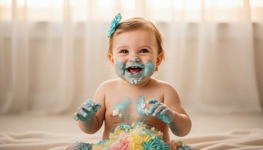 An adorable baby, covered in frosting from an unforgettable first birthday cake smash photography Blackburn North session, laughing joyfully amidst scattered cake, bathed in dramatic, soft golden light against a pastel backdrop, capturing a pure moment of chaotic delight.