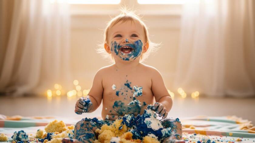 An unforgettable first birthday cake smash photography Burwood East moment: A toddler, covered in vibrant blue cake, laughing joyfully amidst scattered frosting, with dramatic backlighting highlighting the sugary chaos and pure delight on their face, captured in a cinematic, professional photograph.