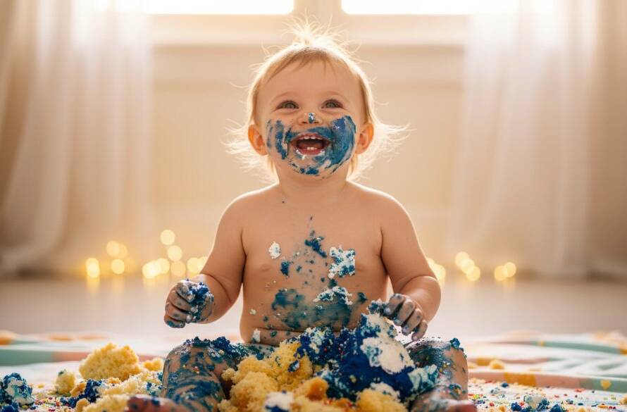 An unforgettable first birthday cake smash photography Burwood East moment: A toddler, covered in vibrant blue cake, laughing joyfully amidst scattered frosting, with dramatic backlighting highlighting the sugary chaos and pure delight on their face, captured in a cinematic, professional photograph.