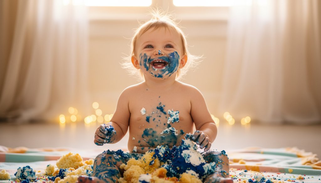 An unforgettable first birthday cake smash photography Burwood East moment: A toddler, covered in vibrant blue cake, laughing joyfully amidst scattered frosting, with dramatic backlighting highlighting the sugary chaos and pure delight on their face, captured in a cinematic, professional photograph.