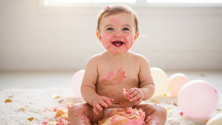 An adorable one-year-old child, covered in cake, laughing joyfully amidst colourful balloons and confetti, captured in an unforgettable first birthday cake smash photography Chelsea Heights session with dramatic, soft natural light creating a beautiful, messy, and heartwarming 'epic moment' of pure delight.