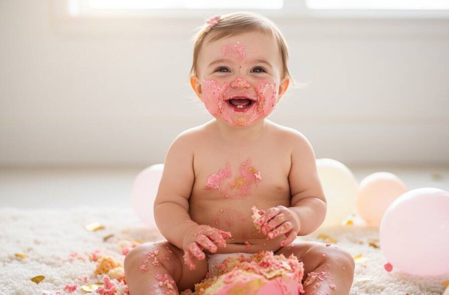 An adorable one-year-old child, covered in cake, laughing joyfully amidst colourful balloons and confetti, captured in an unforgettable first birthday cake smash photography Chelsea Heights session with dramatic, soft natural light creating a beautiful, messy, and heartwarming 'epic moment' of pure delight.