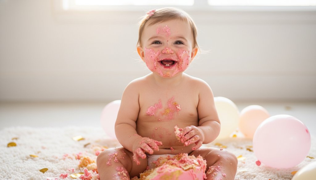 An adorable one-year-old child, covered in cake, laughing joyfully amidst colourful balloons and confetti, captured in an unforgettable first birthday cake smash photography Chelsea Heights session with dramatic, soft natural light creating a beautiful, messy, and heartwarming 'epic moment' of pure delight.