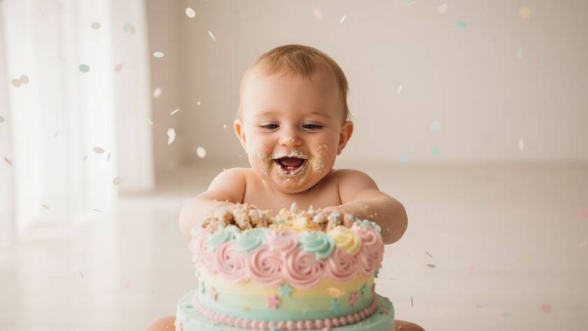 An adorable one-year-old child in a whimsical setting, joyfully smashing a colourful birthday cake, captured in an unforgettable first birthday cake smash photography Clayton Victoria moment with vibrant colours and dramatic natural light.