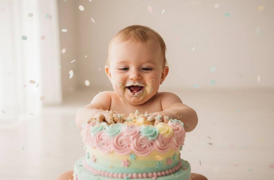 An adorable one-year-old child in a whimsical setting, joyfully smashing a colourful birthday cake, captured in an unforgettable first birthday cake smash photography Clayton Victoria moment with vibrant colours and dramatic natural light.