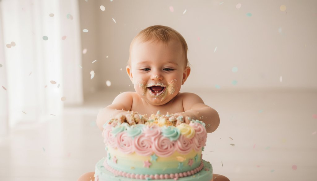 An adorable one-year-old child in a whimsical setting, joyfully smashing a colourful birthday cake, captured in an unforgettable first birthday cake smash photography Clayton Victoria moment with vibrant colours and dramatic natural light.