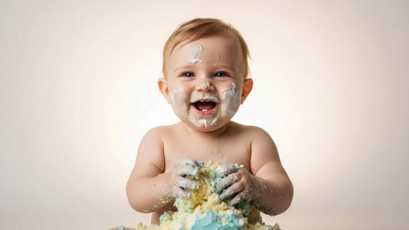 A vibrant, emotionally charged photograph capturing a baby's joyful, messy first birthday cake smash in a sunlit Gardenvale studio, batter smeared across their happy face, with a professionally color-graded, dramatic lighting style.