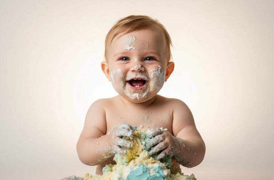 A vibrant, emotionally charged photograph capturing a baby's joyful, messy first birthday cake smash in a sunlit Gardenvale studio, batter smeared across their happy face, with a professionally color-graded, dramatic lighting style.