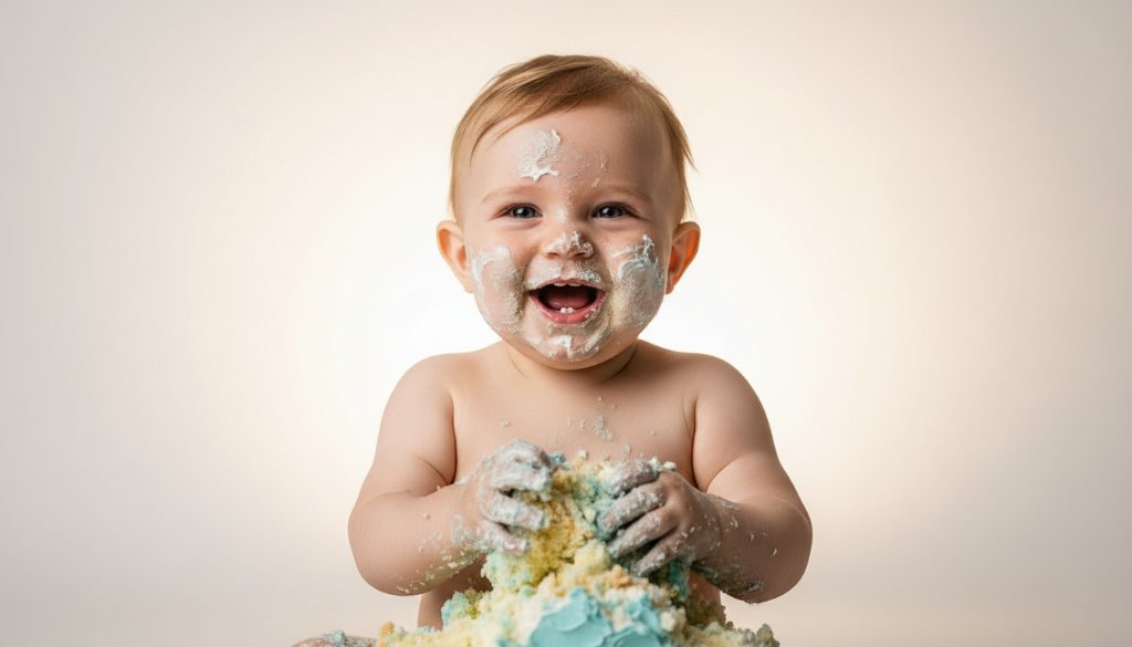 A vibrant, emotionally charged photograph capturing a baby's joyful, messy first birthday cake smash in a sunlit Gardenvale studio, batter smeared across their happy face, with a professionally color-graded, dramatic lighting style.