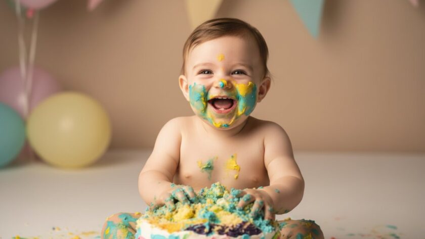Close-up of a joyful baby with frosting on their face, laughing amidst a colourful cake smash setup in Geelong, capturing the unforgettable first birthday cake smash photography Geelong VIC with dramatic, soft studio lighting.