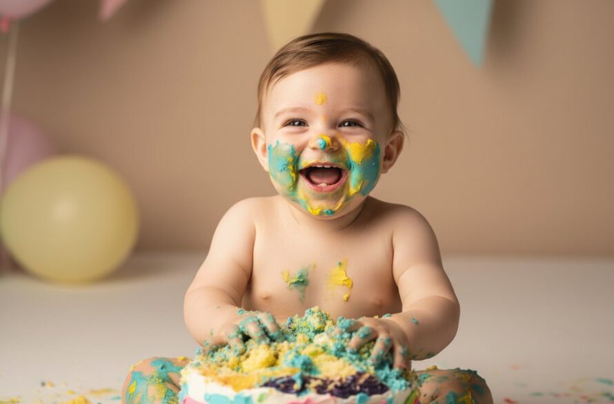Close-up of a joyful baby with frosting on their face, laughing amidst a colourful cake smash setup in Geelong, capturing the unforgettable first birthday cake smash photography Geelong VIC with dramatic, soft studio lighting.