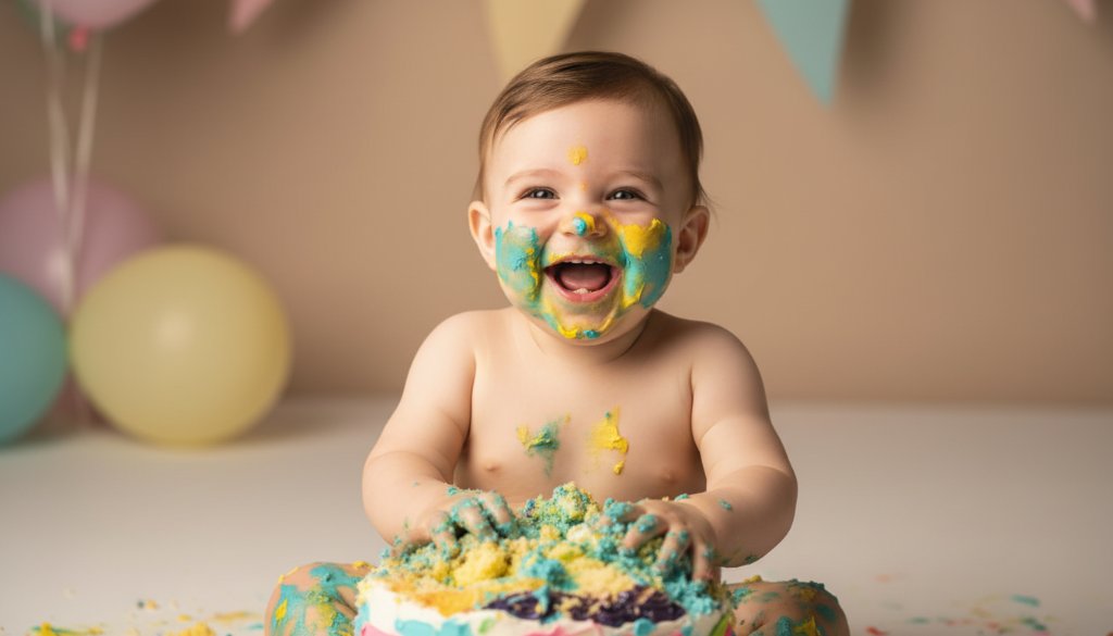 Close-up of a joyful baby with frosting on their face, laughing amidst a colourful cake smash setup in Geelong, capturing the unforgettable first birthday cake smash photography Geelong VIC with dramatic, soft studio lighting.