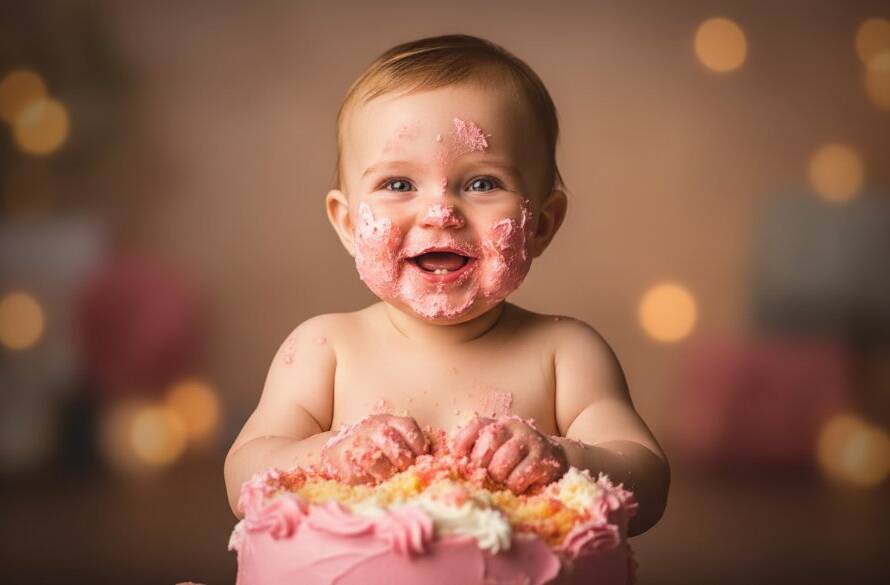 An epic moment captured in Laverton, Victoria, featuring a joyous baby covered in cake during an unforgettable first birthday cake smash photography Laverton Vic session, dramatic studio lighting accentuating crumbs and smiles, with soft, professional colour grading.