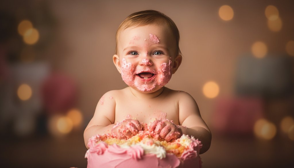 An epic moment captured in Laverton, Victoria, featuring a joyous baby covered in cake during an unforgettable first birthday cake smash photography Laverton Vic session, dramatic studio lighting accentuating crumbs and smiles, with soft, professional colour grading.
