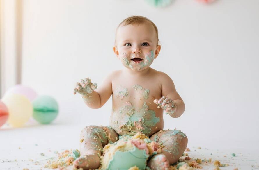 A wide-angle, vibrant photograph capturing an unforgettable first birthday cake smash South Kingsville moment, with a joyous baby covered in cake, laughing amidst colorful balloons and soft pastel lighting in a stylish South Kingsville studio.
