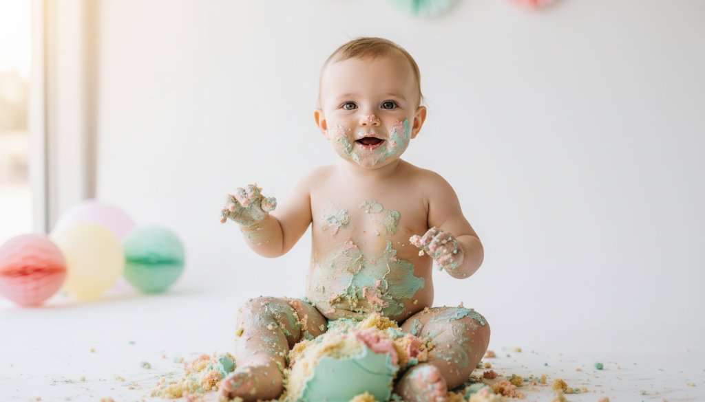 A wide-angle, vibrant photograph capturing an unforgettable first birthday cake smash South Kingsville moment, with a joyous baby covered in cake, laughing amidst colorful balloons and soft pastel lighting in a stylish South Kingsville studio.