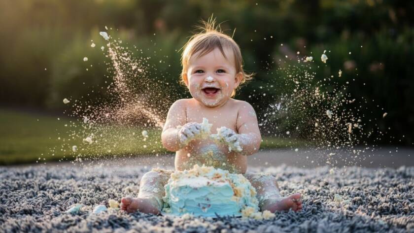An Unforgettable Forest Hill first birthday cake smash, capturing a baby joyfully covered in cake, hands in the air, with frosting smeared on their face, dramatic backlighting, in a beautifully decorated studio setting, showcasing pure, messy delight.