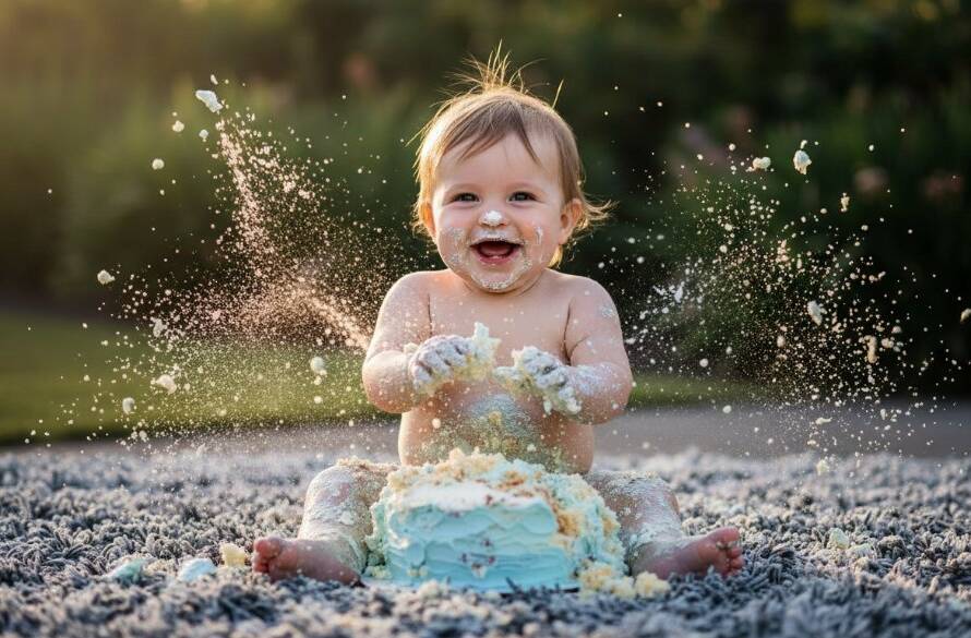 An Unforgettable Forest Hill first birthday cake smash, capturing a baby joyfully covered in cake, hands in the air, with frosting smeared on their face, dramatic backlighting, in a beautifully decorated studio setting, showcasing pure, messy delight.