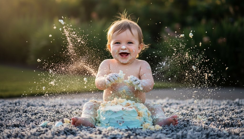 An Unforgettable Forest Hill first birthday cake smash, capturing a baby joyfully covered in cake, hands in the air, with frosting smeared on their face, dramatic backlighting, in a beautifully decorated studio setting, showcasing pure, messy delight.