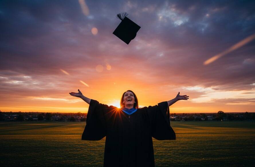 An epic moment of a joyful graduate in academic regalia, cap thrown high against a dramatic sunset over Deer Park, Victoria, celebrating their success with unforgettable graduation photography.