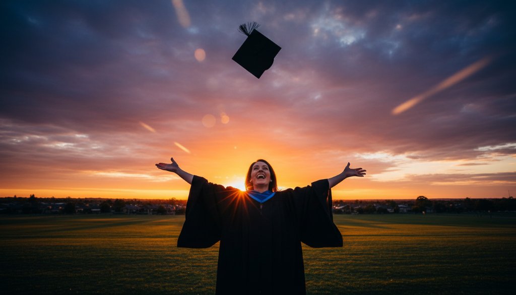 An epic moment of a joyful graduate in academic regalia, cap thrown high against a dramatic sunset over Deer Park, Victoria, celebrating their success with unforgettable graduation photography.