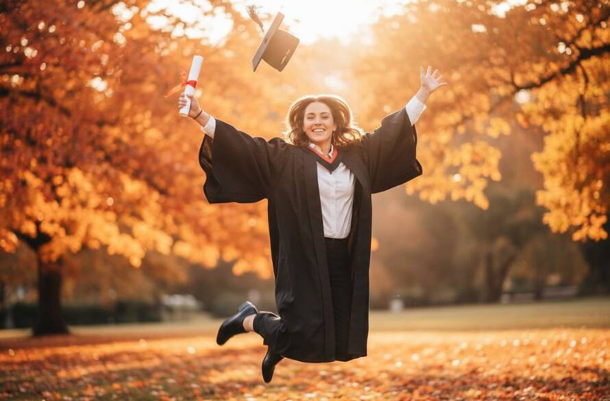 A jubilant graduate, dressed in cap and gown, is captured mid-air during an Unforgettable Graduation Photoshoot Carnegie Victoria, celebrating with their degree scroll held high against a backdrop of sun-dappled autumn leaves near Koornang Road, professional and joy-filled.