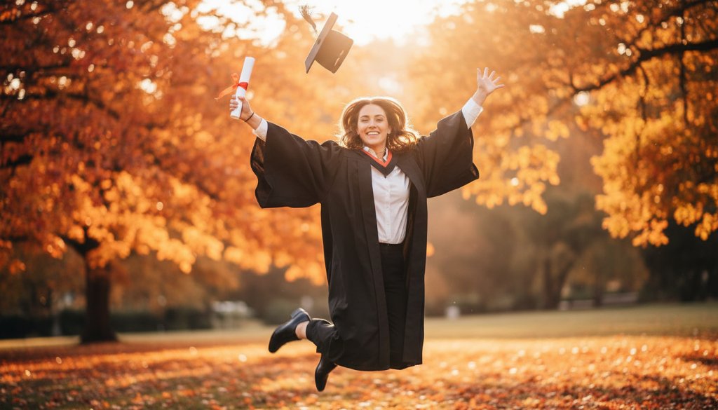 A jubilant graduate, dressed in cap and gown, is captured mid-air during an Unforgettable Graduation Photoshoot Carnegie Victoria, celebrating with their degree scroll held high against a backdrop of sun-dappled autumn leaves near Koornang Road, professional and joy-filled.