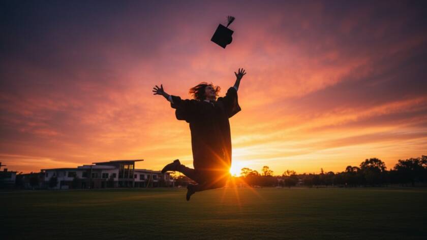 An Unforgettable Graduation Photoshoot Experience Officer Victoria captured at sunset, showing a jubilant graduate in their cap and gown, framed against the iconic Officer landscape with dramatic golden light, celebrating their achievement with pure joy.