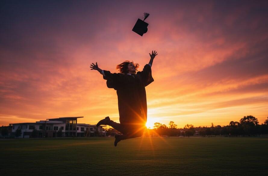 An Unforgettable Graduation Photoshoot Experience Officer Victoria captured at sunset, showing a jubilant graduate in their cap and gown, framed against the iconic Officer landscape with dramatic golden light, celebrating their achievement with pure joy.