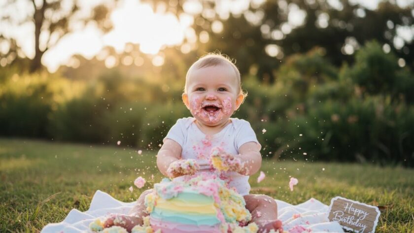 An adorable toddler in a beautiful, natural light setting in Hamilton, Victoria, joyfully smashing a birthday cake, covered in frosting with a huge smile, representing an unforgettable Hamilton Victoria cake smash photography moment captured with professional dramatic lighting and vibrant colours.