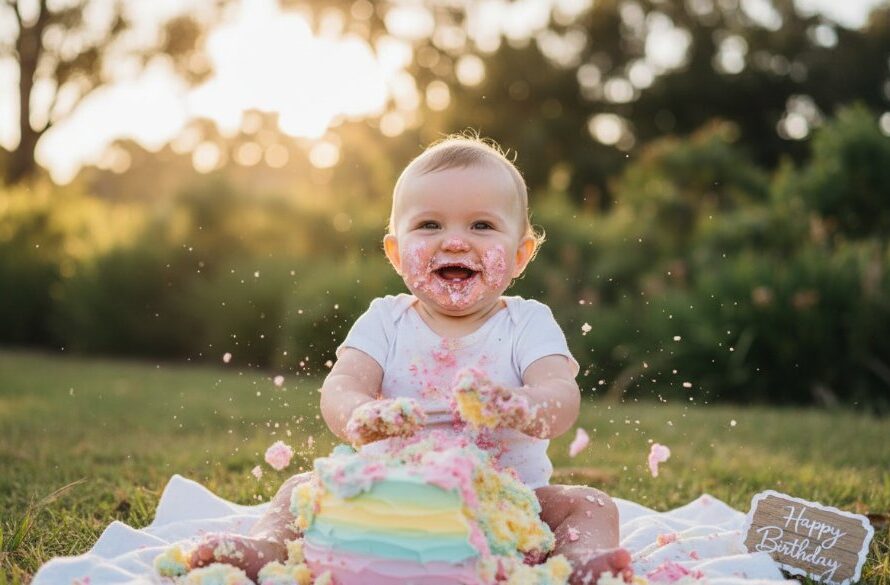 An adorable toddler in a beautiful, natural light setting in Hamilton, Victoria, joyfully smashing a birthday cake, covered in frosting with a huge smile, representing an unforgettable Hamilton Victoria cake smash photography moment captured with professional dramatic lighting and vibrant colours.