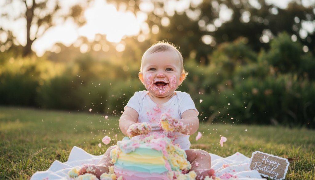 An adorable toddler in a beautiful, natural light setting in Hamilton, Victoria, joyfully smashing a birthday cake, covered in frosting with a huge smile, representing an unforgettable Hamilton Victoria cake smash photography moment captured with professional dramatic lighting and vibrant colours.