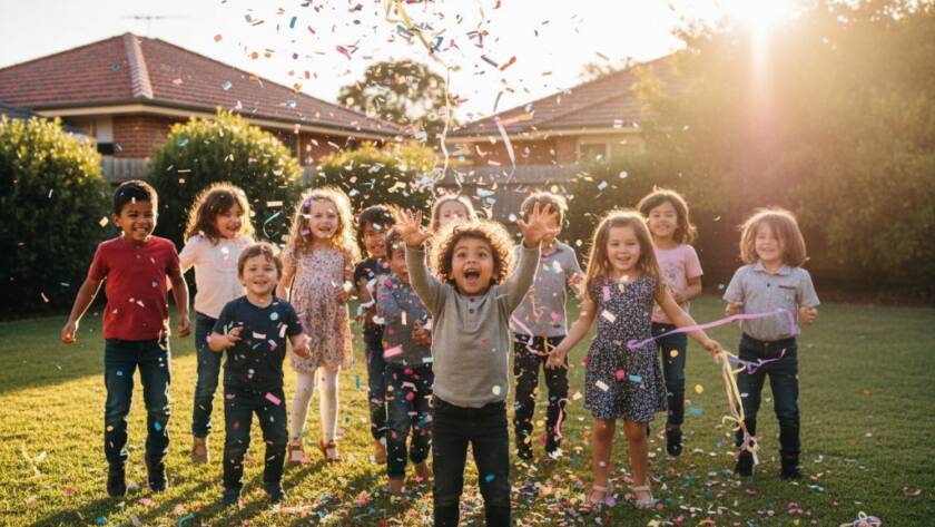 A wide-angle, vibrant, professional photograph capturing the peak of excitement at an unforgettable Hampton East kids party photography session. Children are laughing joyously, surrounded by colourful balloons and streamers, mid-air with confetti, with the golden hour sun creating a dramatic lens flare, showcasing genuine fun and energy.