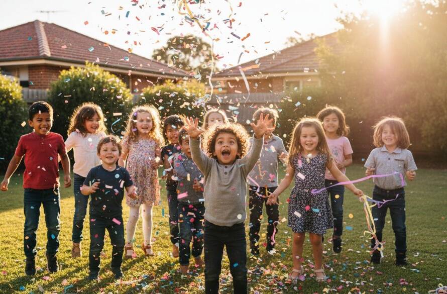 A wide-angle, vibrant, professional photograph capturing the peak of excitement at an unforgettable Hampton East kids party photography session. Children are laughing joyously, surrounded by colourful balloons and streamers, mid-air with confetti, with the golden hour sun creating a dramatic lens flare, showcasing genuine fun and energy.