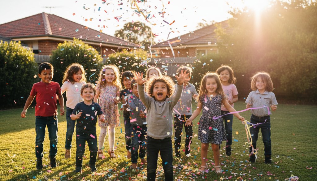 A wide-angle, vibrant, professional photograph capturing the peak of excitement at an unforgettable Hampton East kids party photography session. Children are laughing joyously, surrounded by colourful balloons and streamers, mid-air with confetti, with the golden hour sun creating a dramatic lens flare, showcasing genuine fun and energy.