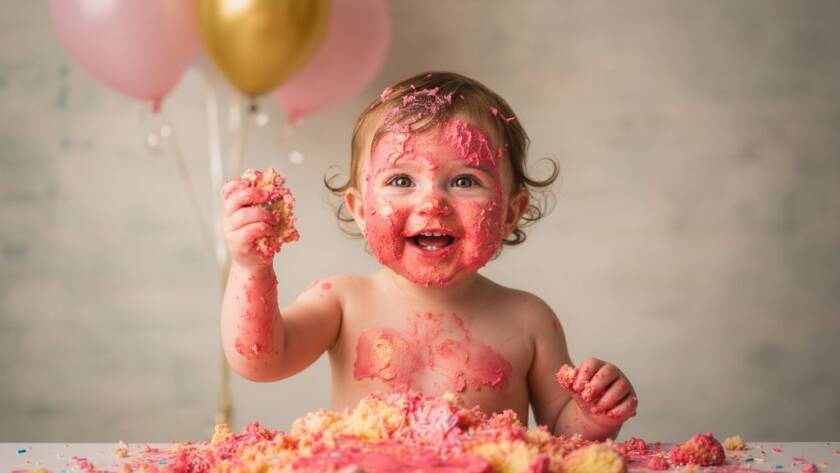 A joyous one-year-old child, covered in frosting from an unforgettable Heatherdale cake smash photography session, giggling amidst colourful balloons and soft studio lighting, capturing pure, messy delight.