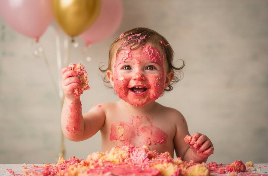 A joyous one-year-old child, covered in frosting from an unforgettable Heatherdale cake smash photography session, giggling amidst colourful balloons and soft studio lighting, capturing pure, messy delight.